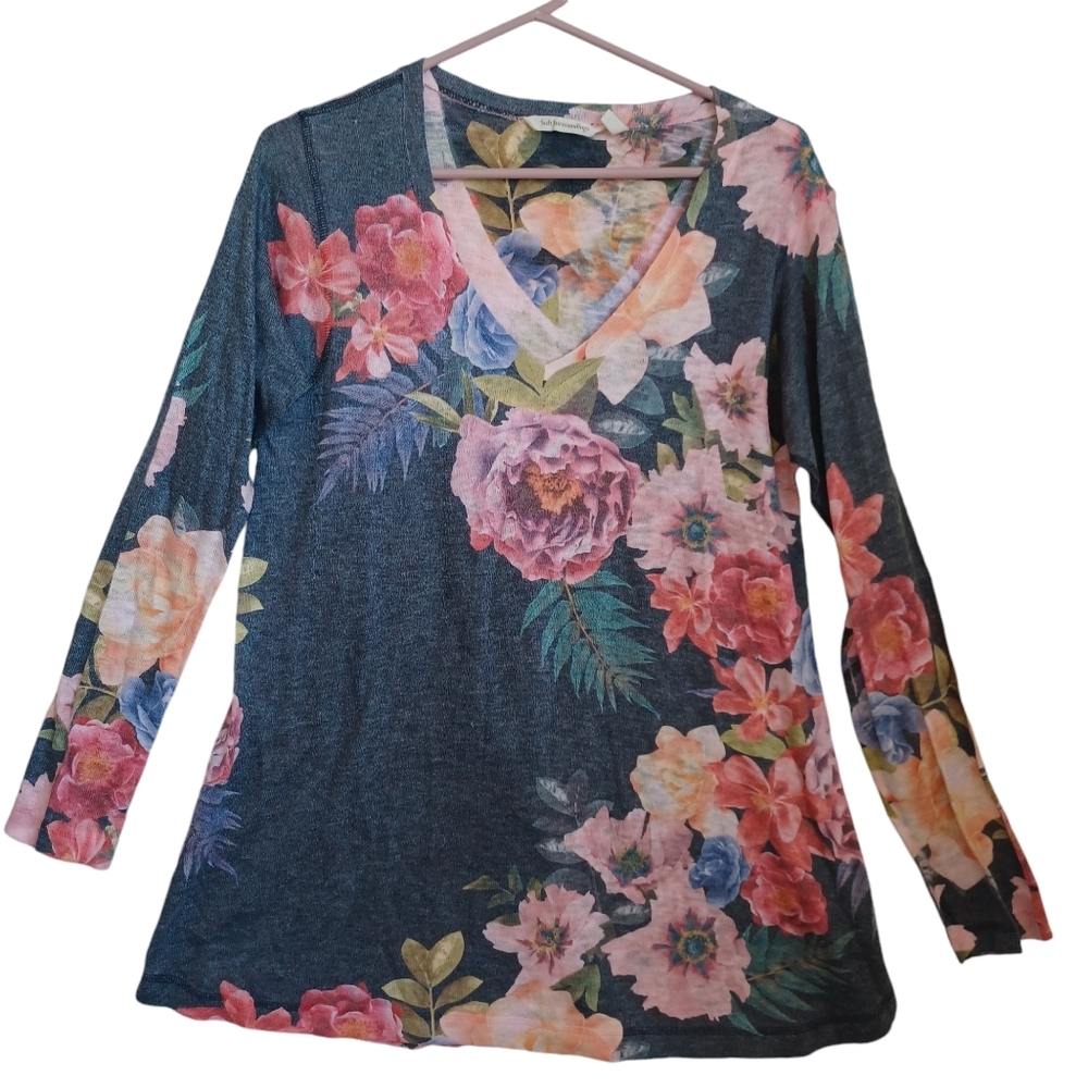 Soft Surroundings Sweater Floral‎ Long Sleeve Pullover Midnight Blooms Medium